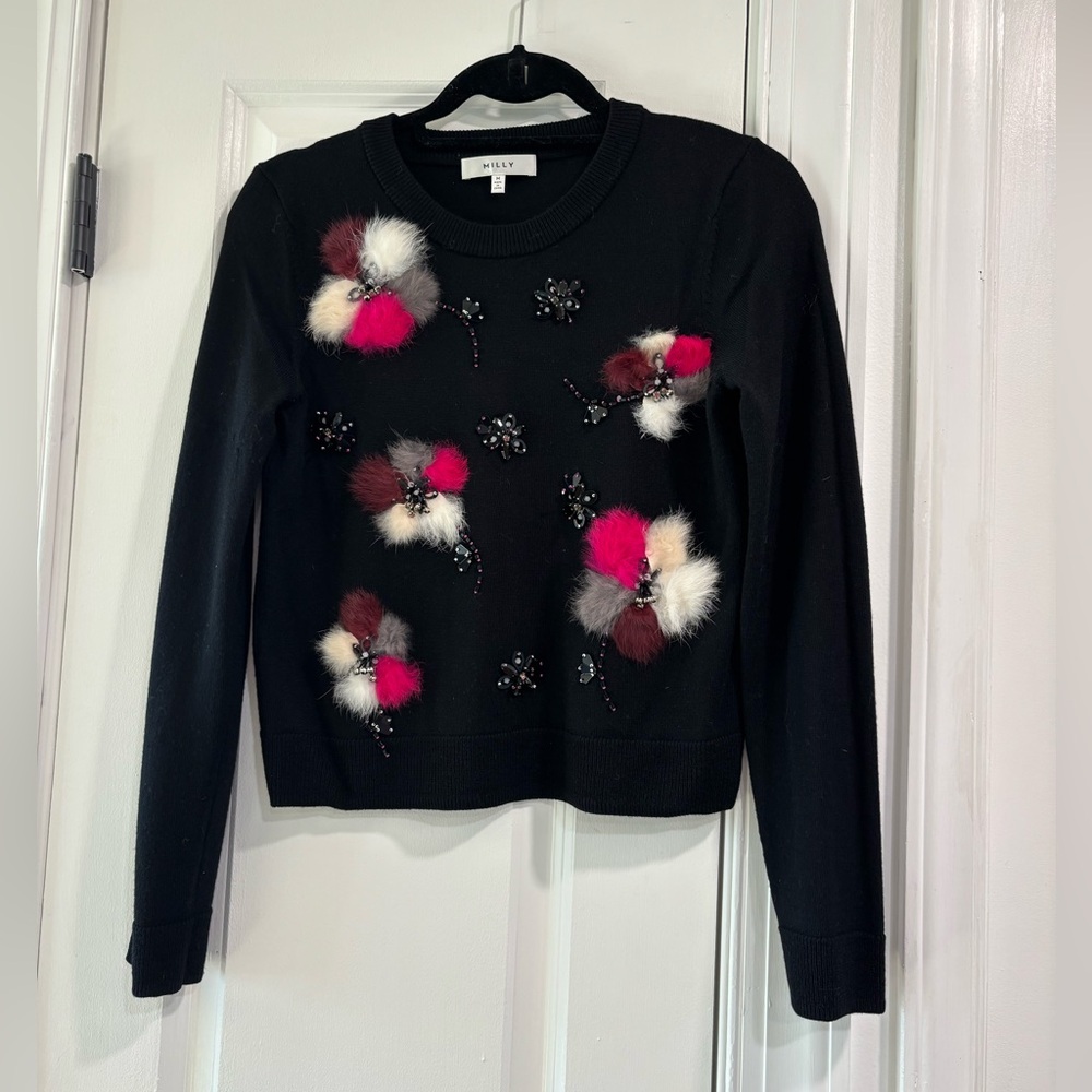 Milly Wool and Rabbit Fur Pullover Sweater 100% wool black pink beaded Pom Pom M
